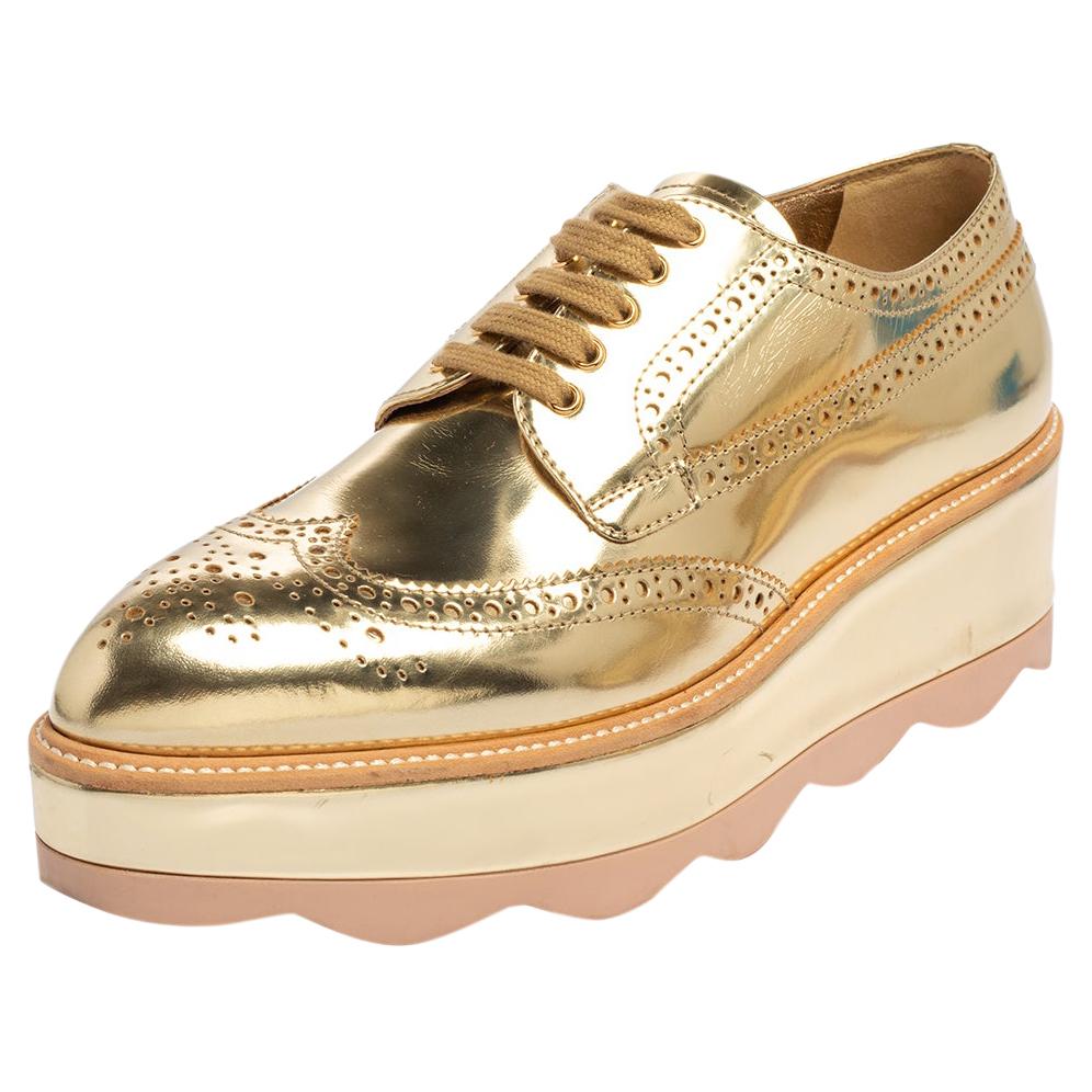 Prada Gold Brogue Leather Wave Wingtip Platform Derby Size 39 at