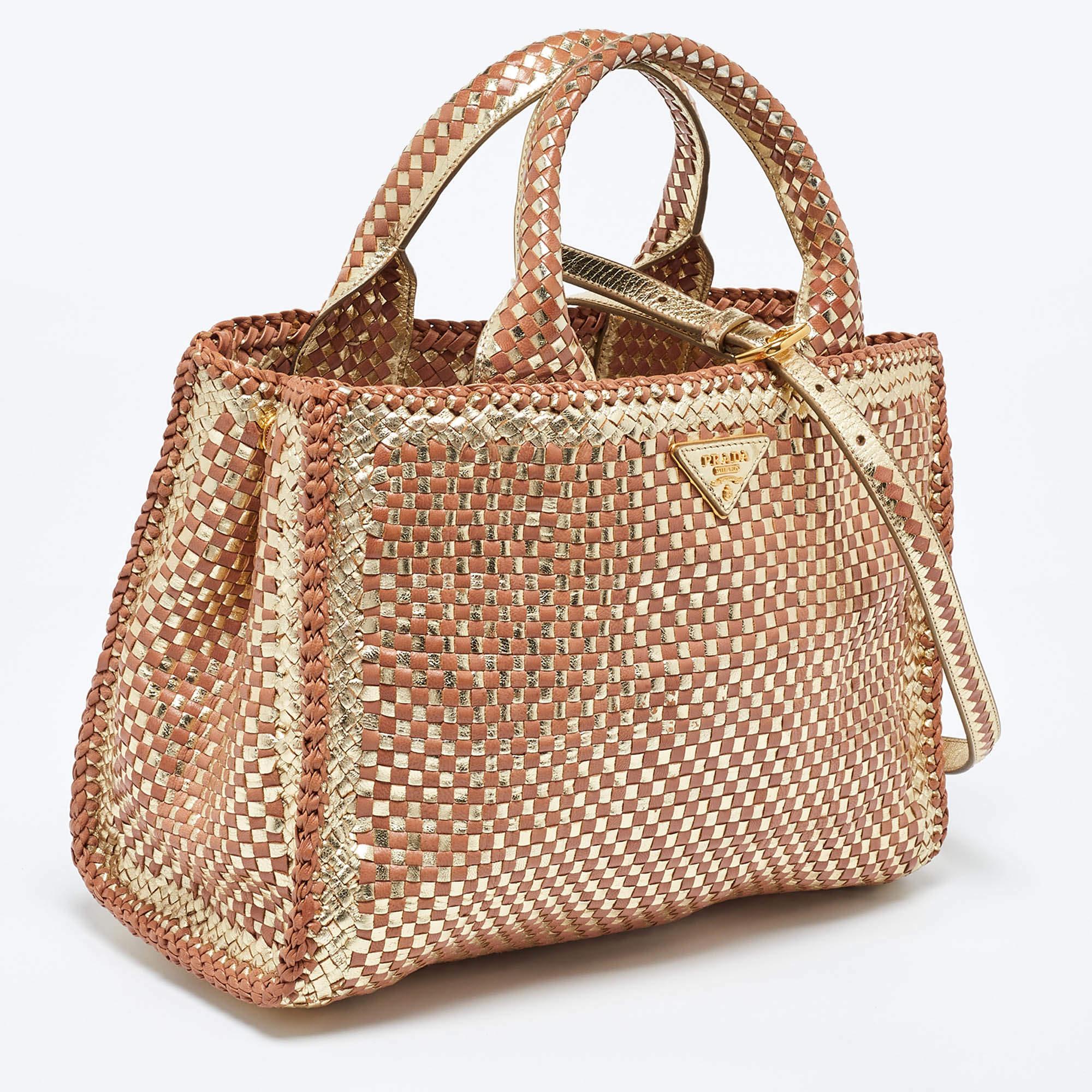 Prada Gold/Brown Woven Madras Leather Snap Tote In Good Condition In Dubai, Al Qouz 2