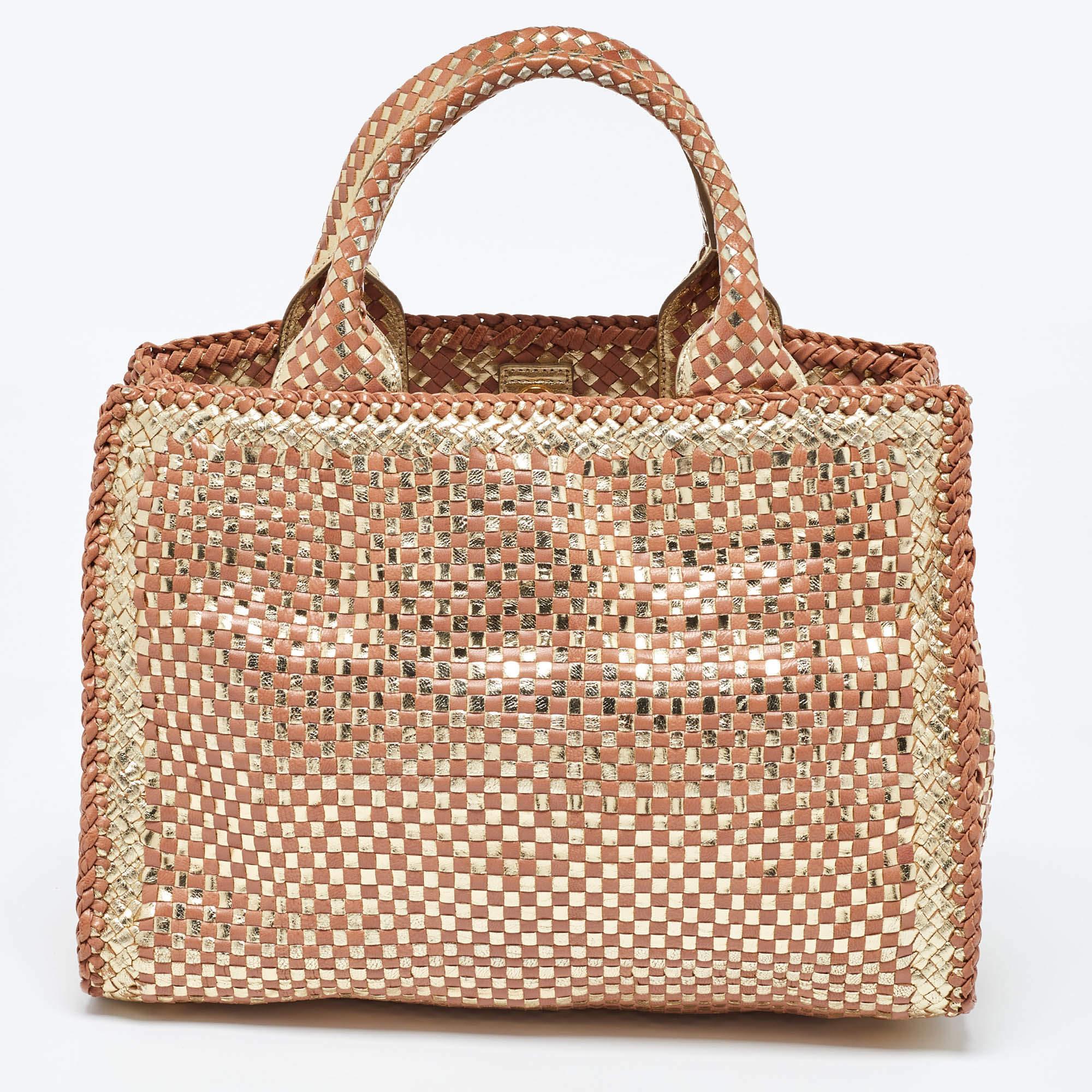 Women's Prada Gold/Brown Woven Madras Leather Snap Tote