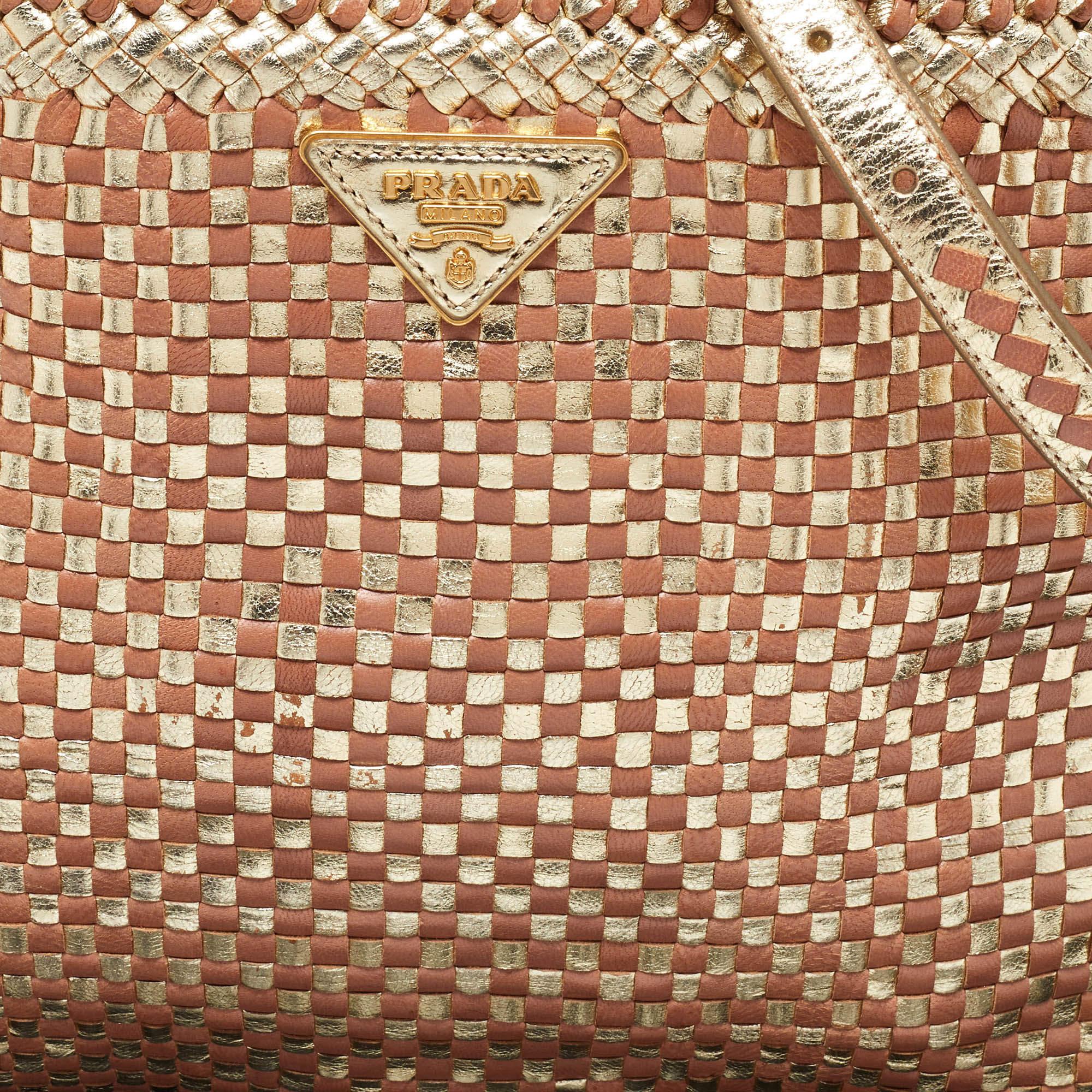 Prada Gold/Brown Woven Madras Leather Snap Tote 1