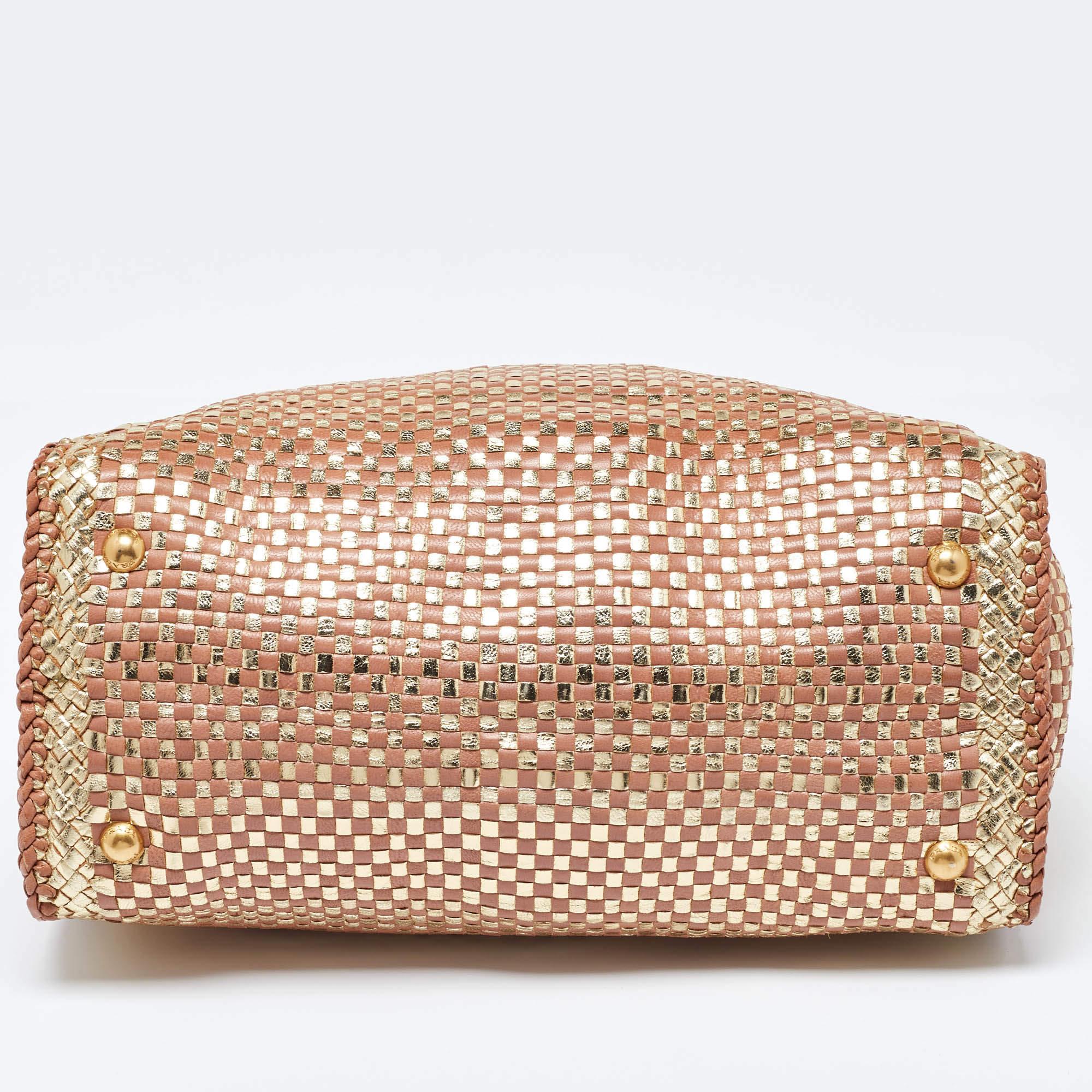 Prada Gold/Brown Woven Madras Leather Snap Tote 3
