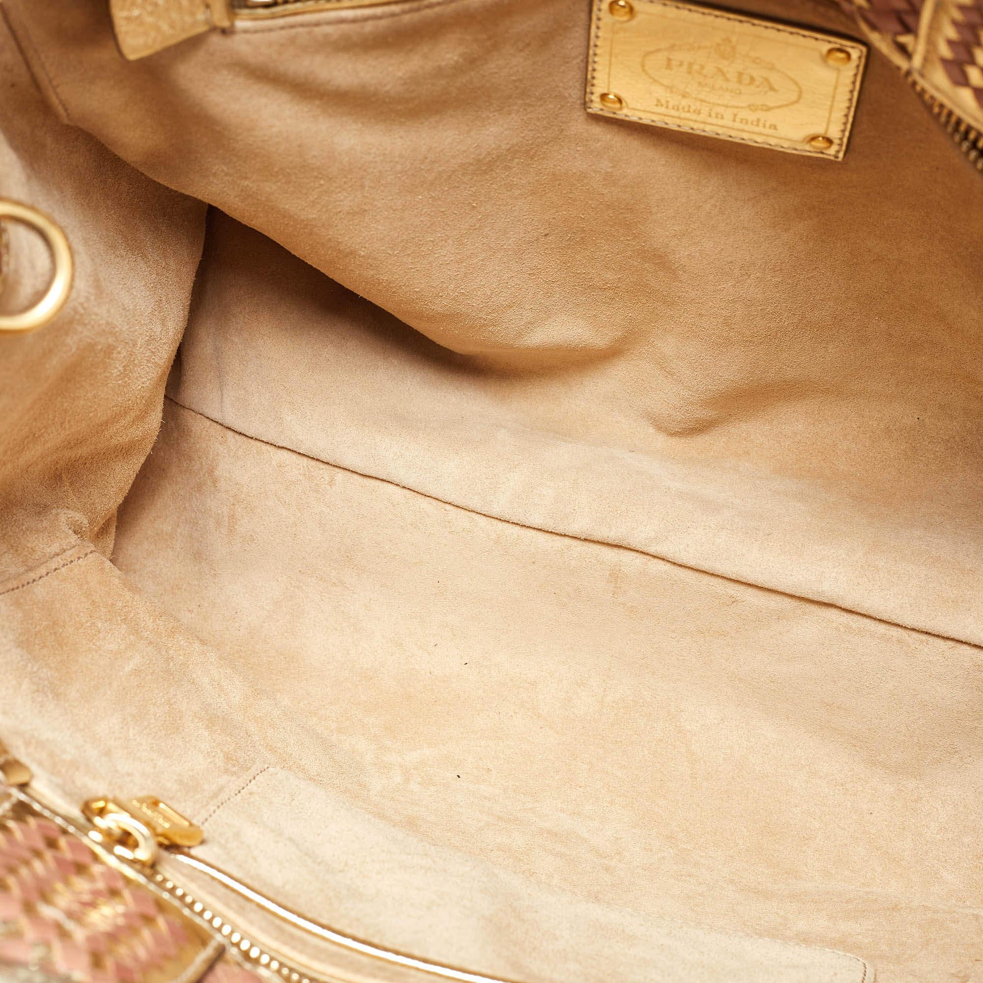 Prada Gold/Brown Woven Madras Leather Snap Tote 4