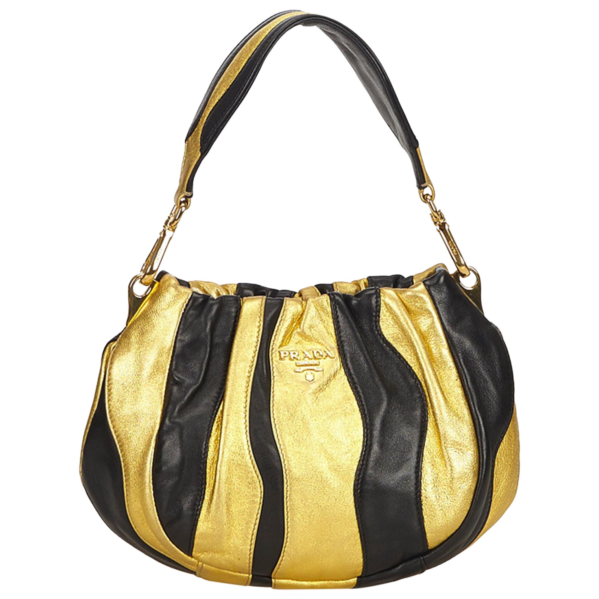 Prada Gold Gathered Leather Shoulder Bag For Sale