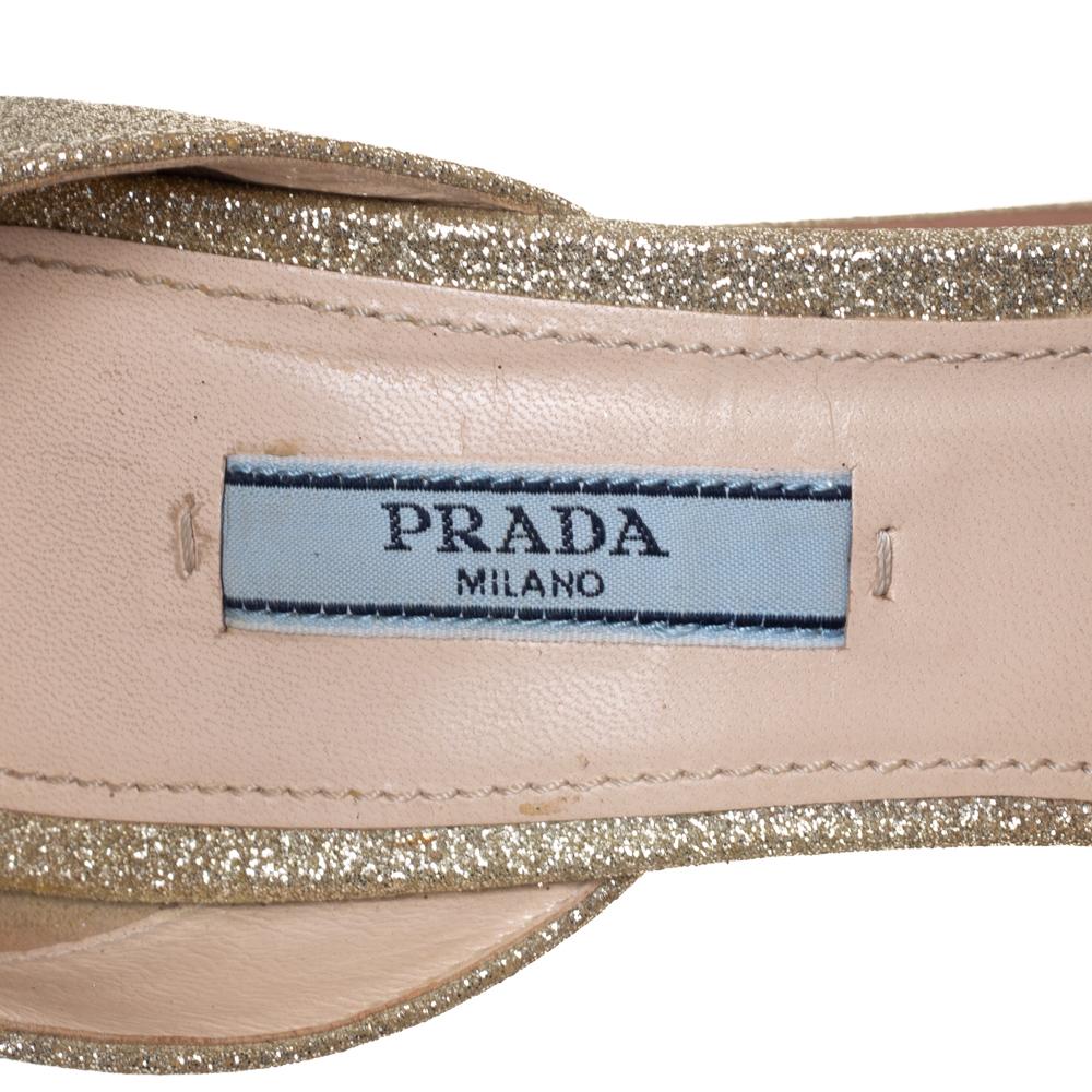 Women's Prada Gold Glitter Ankle Strap Block Heel Platform Sandals Size 38.5