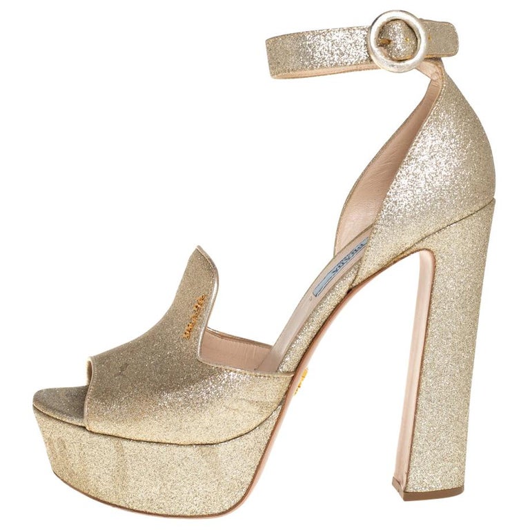 Prada Gold Glitter Ankle Strap Block Heel Platform Sandals Size 38.5 at ...