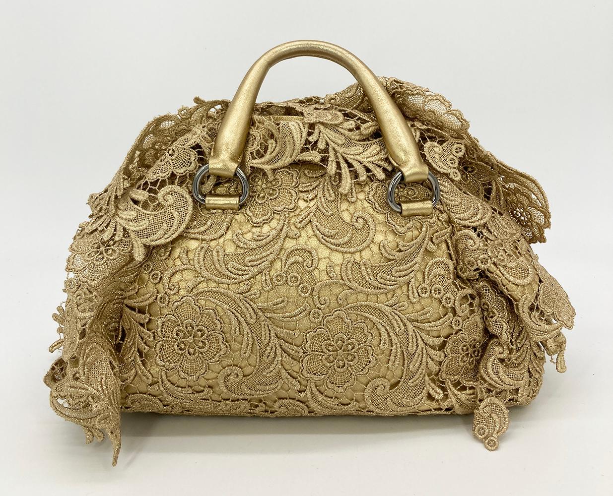 Brown Prada Gold Leather and Lace Pizzo bag For Sale