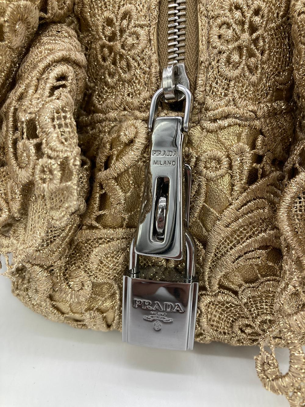 Prada Gold Leather and Lace Pizzo bag For Sale 1