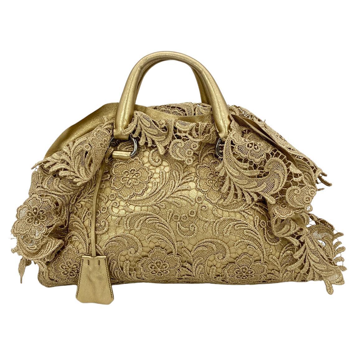 Prada Gold Leather and Lace Pizzo bag For Sale