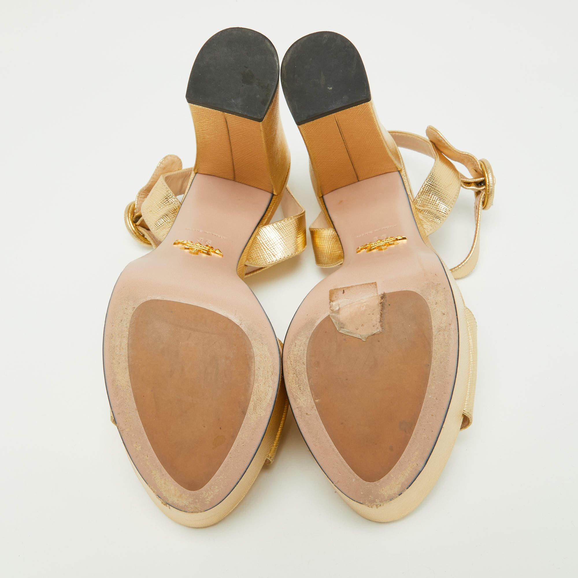 Prada Gold Leather Ankle Strap Block Heel Platform Sandals Size 36 1