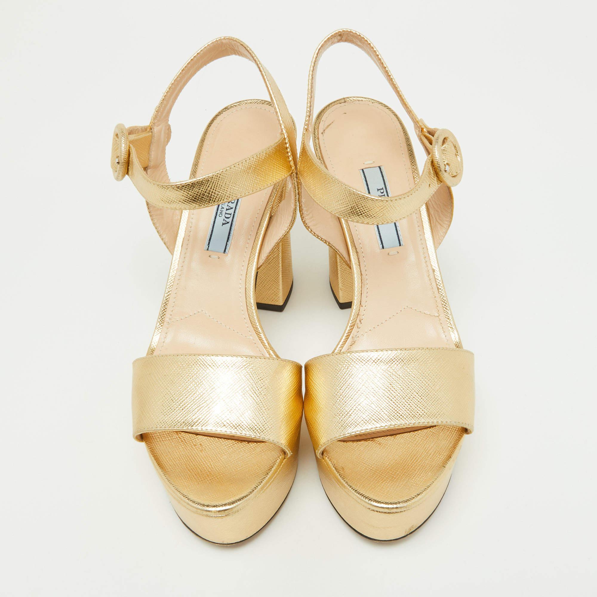 Prada Gold Leather Ankle Strap Block Heel Platform Sandals Size 36 2