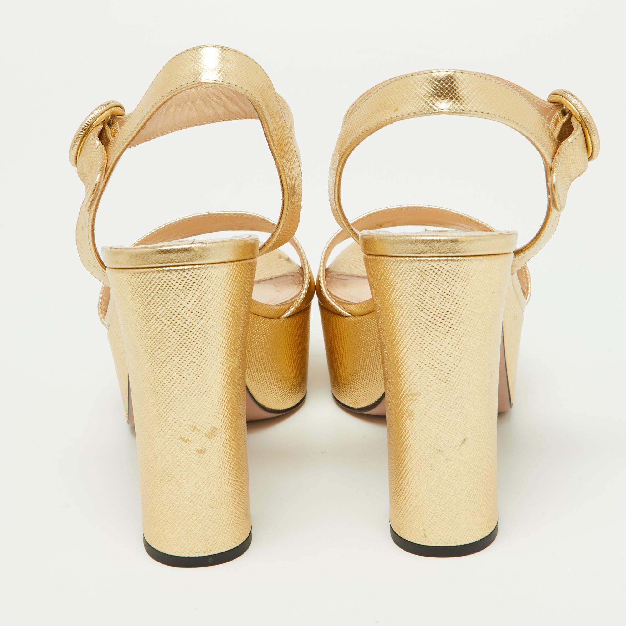 Prada Gold Leather Ankle Strap Block Heel Platform Sandals Size 36 3