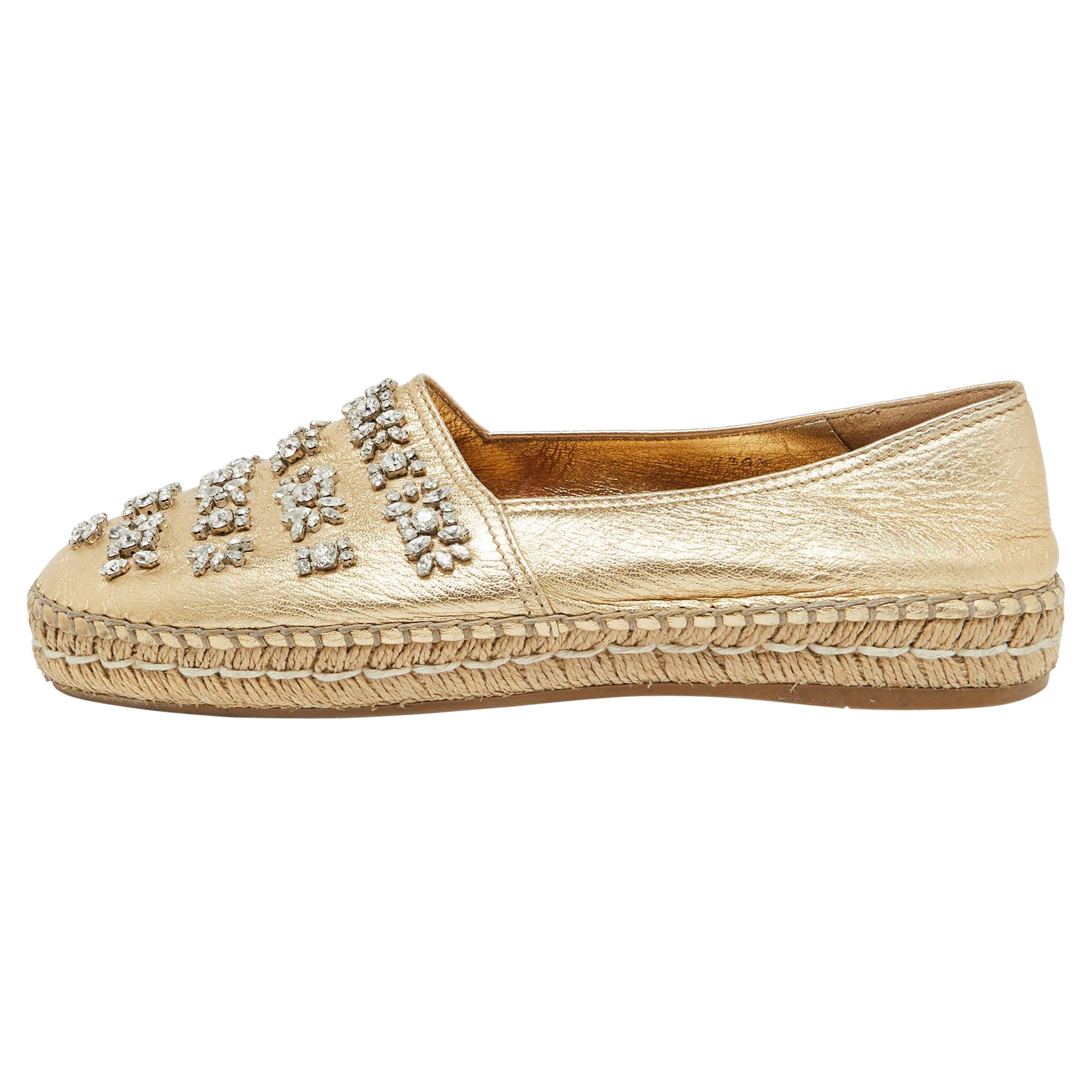 Prada Gold Leather Crystal Embellished Espadrille Flats Size 39.5