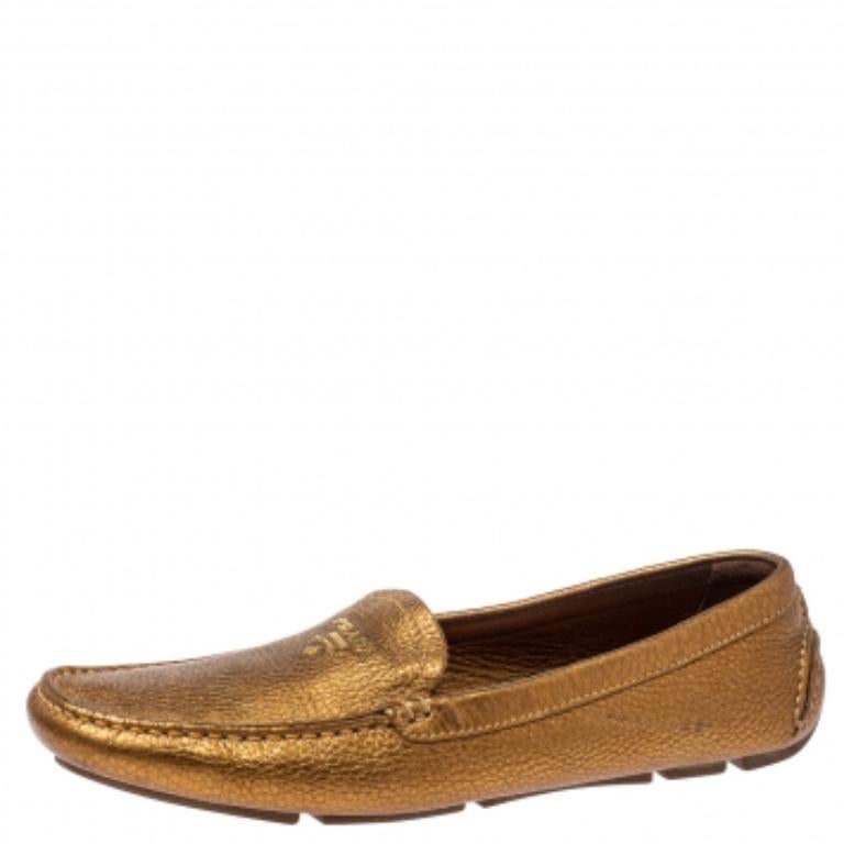 Brown Prada Gold Leather Loafers Size 38.5 For Sale