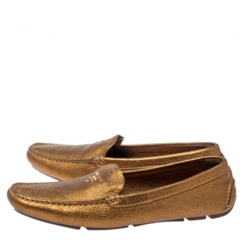 Prada Gold Leather Loafers Size 38.5 For Sale 1