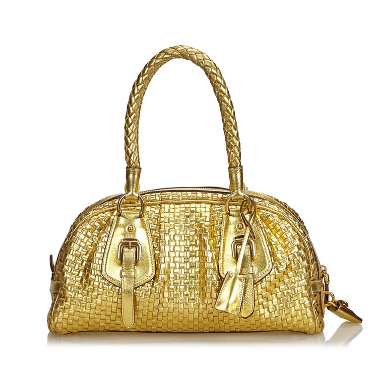 Prada Gold Leather Madras Intreccio Frame Metallic Handbag Italy For ...