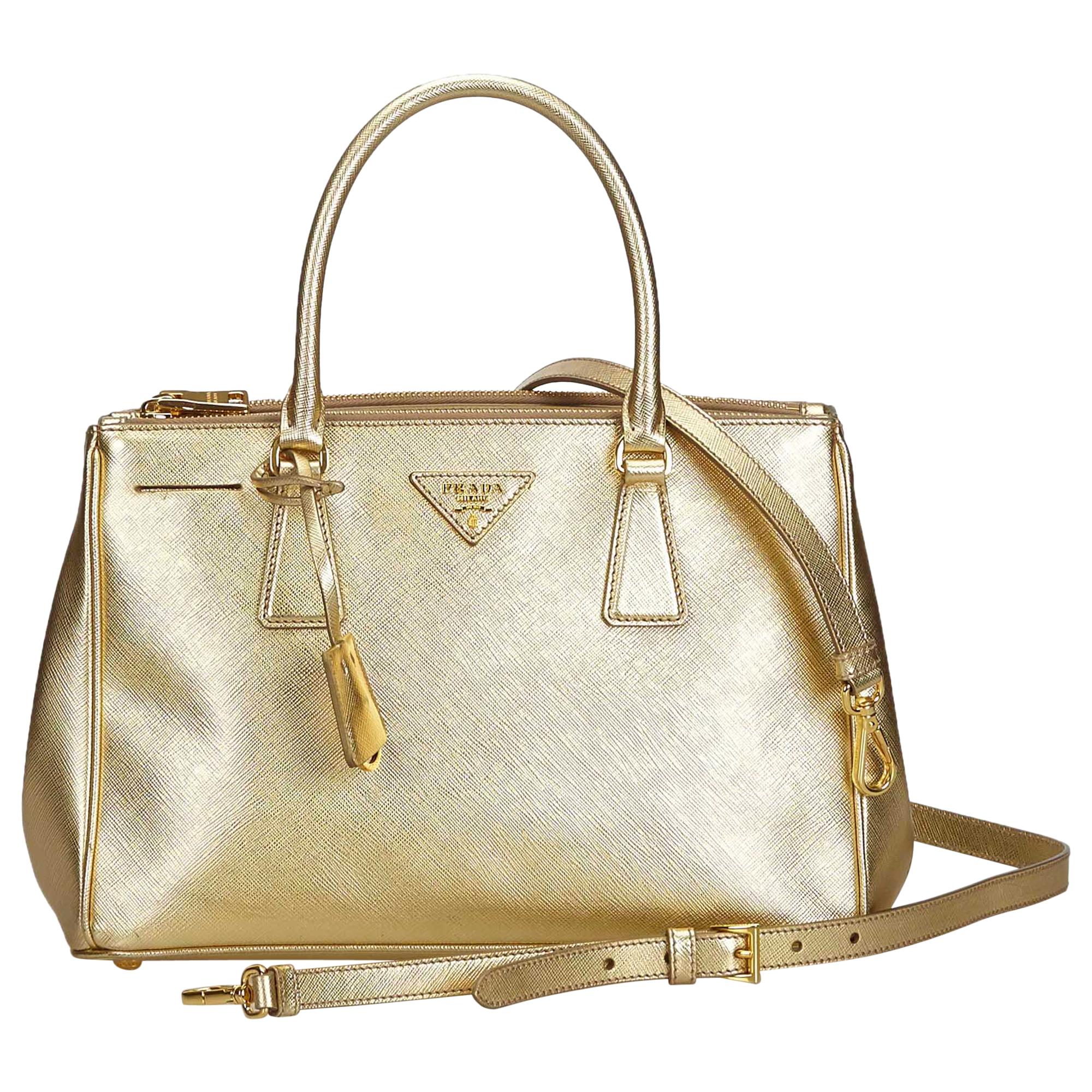 Prada Gold  Leather Saffiano Galleria Satchel Italy w/ Authenticity Card For Sale