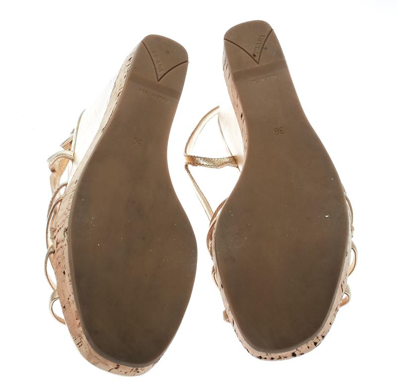 Prada Gold Leather Sligback Platform Wedge Sandals Size 36 3