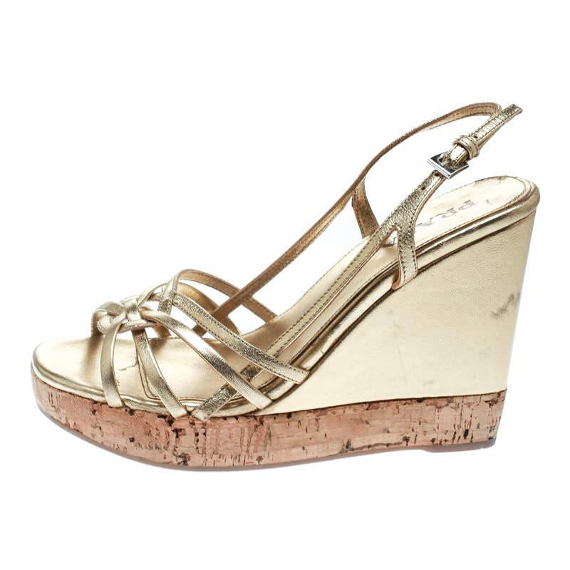 Prada Gold Leather Sligback Platform Wedge Sandals Size 36