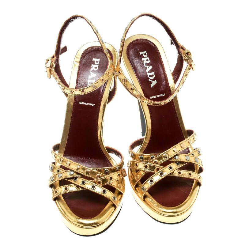 Prada Gold Leather Studded Platform Ankle Strap Sandals Size 36 In Good Condition In Dubai, Al Qouz 2