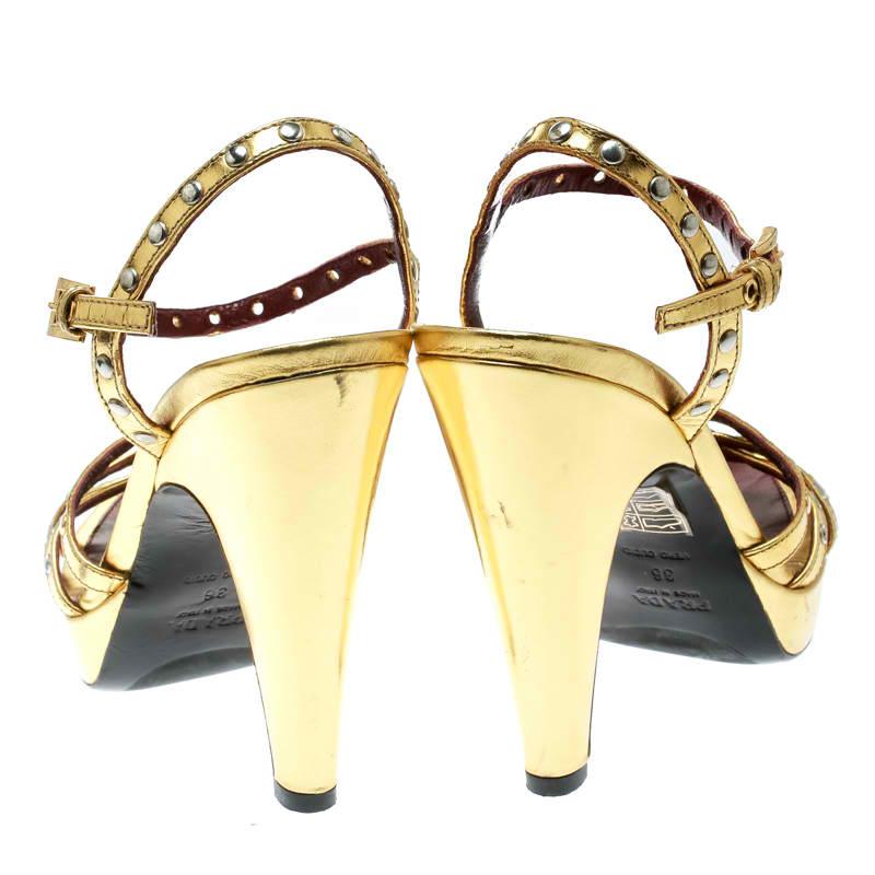 Women's Prada Gold Leather Studded Platform Ankle Strap Sandals Size 36