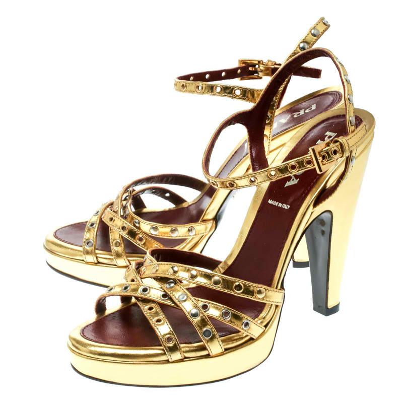 Prada Gold Leather Studded Platform Ankle Strap Sandals Size 36 1