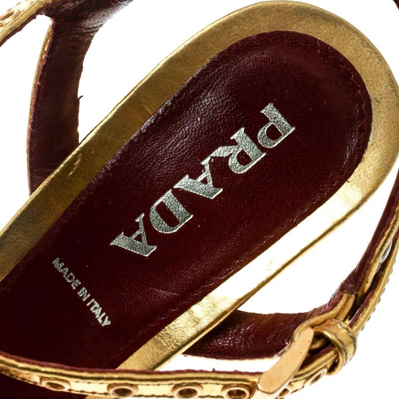 Prada Gold Leather Studded Platform Ankle Strap Sandals Size 36 2