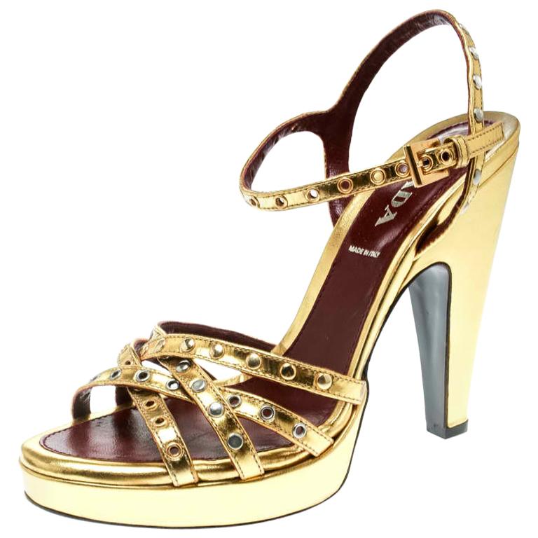 Prada Gold Leather Studded Platform Ankle Strap Sandals Size 36