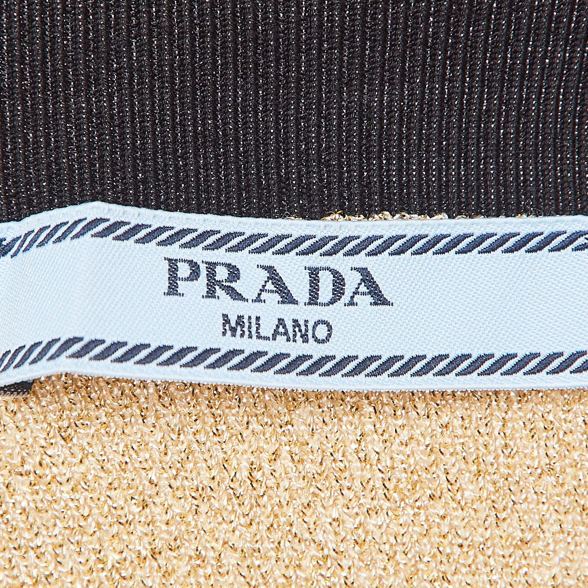 Prada Gold Logo Intarsia Lamé Knit Crop Top and Skirt Set M 1