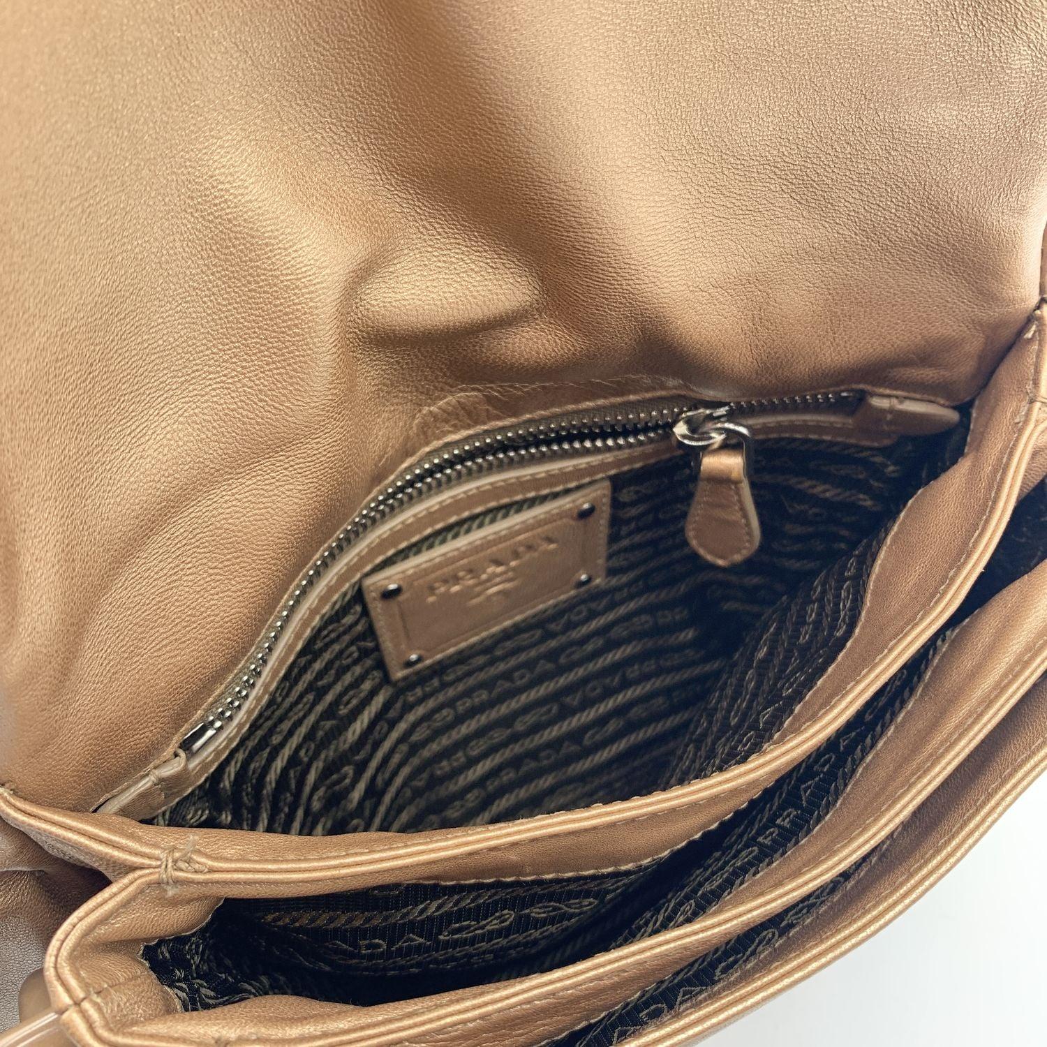 Women's Prada Gold Metallic Leather Ruffle Shoulder Bag Lucite Chain Strap For Sale