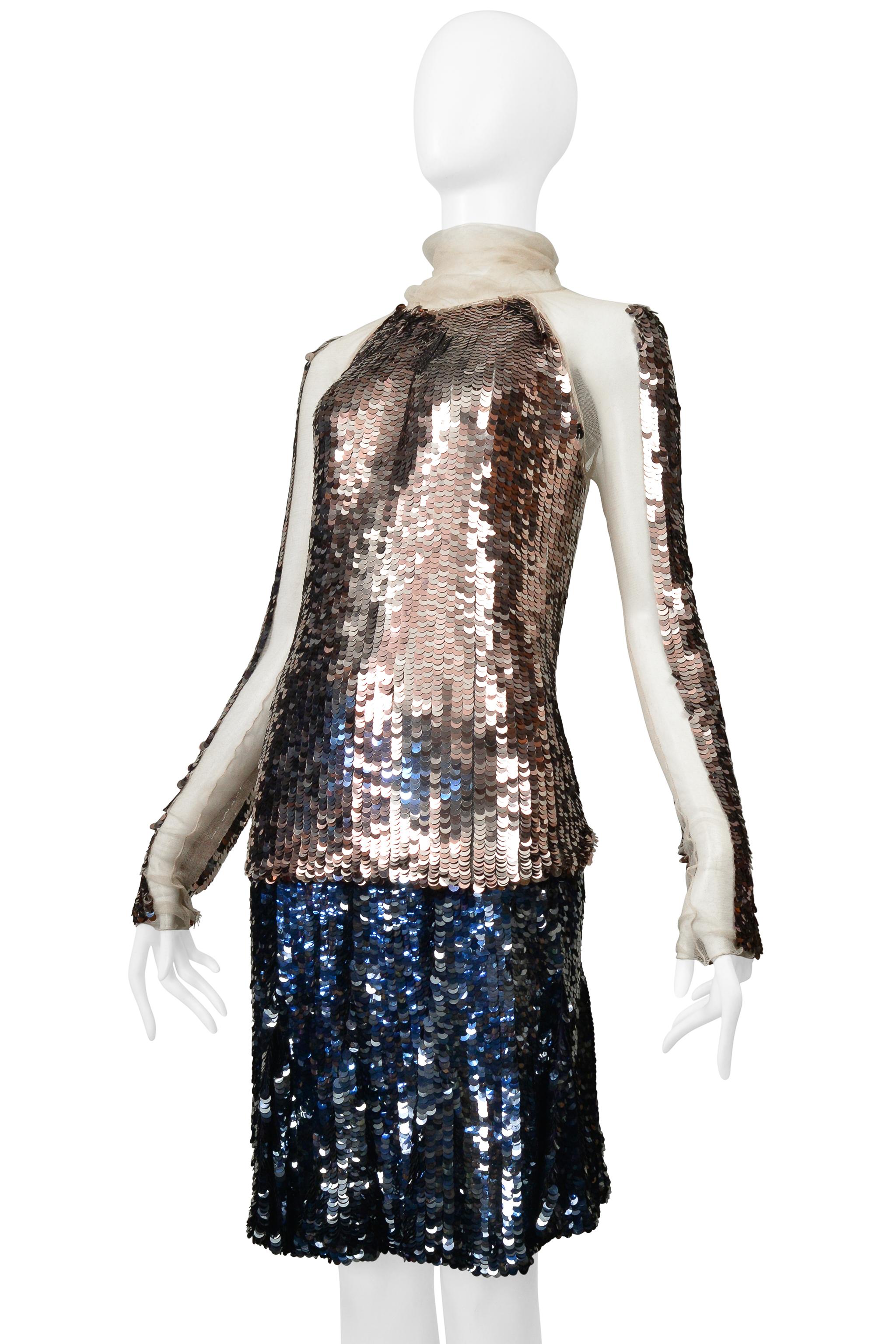 Prada Gold & Navy Metallic Round Paillette Skirt Ensemble 2002 In Good Condition For Sale In Los Angeles, CA