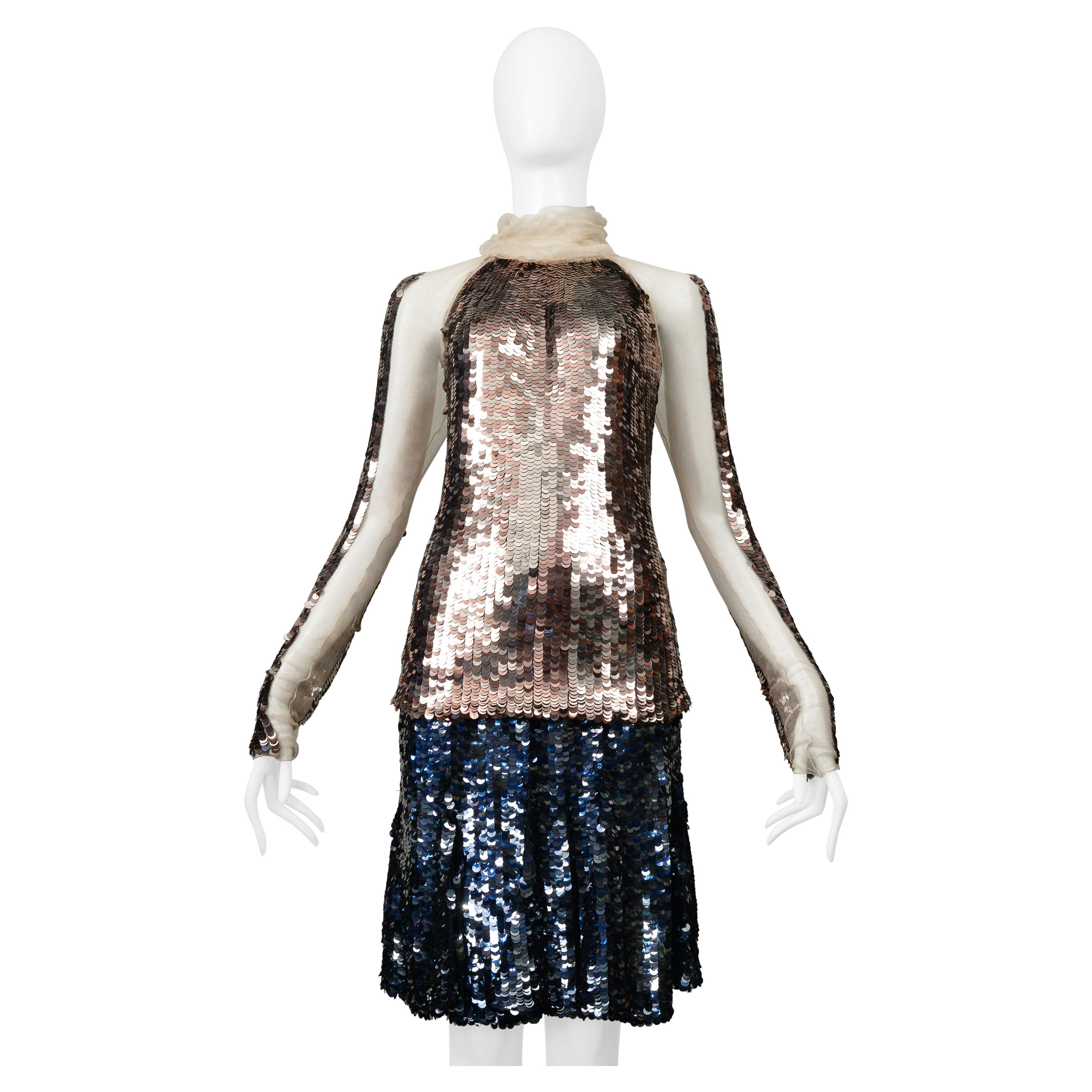 Prada Gold & Navy Metallic Round Paillette Skirt Ensemble 2002 For Sale