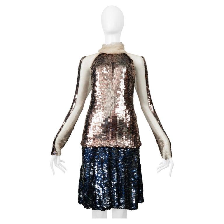 Prada Gold and Navy Metallic Round Paillette Skirt Ensemble 2002 For Sale  at 1stDibs
