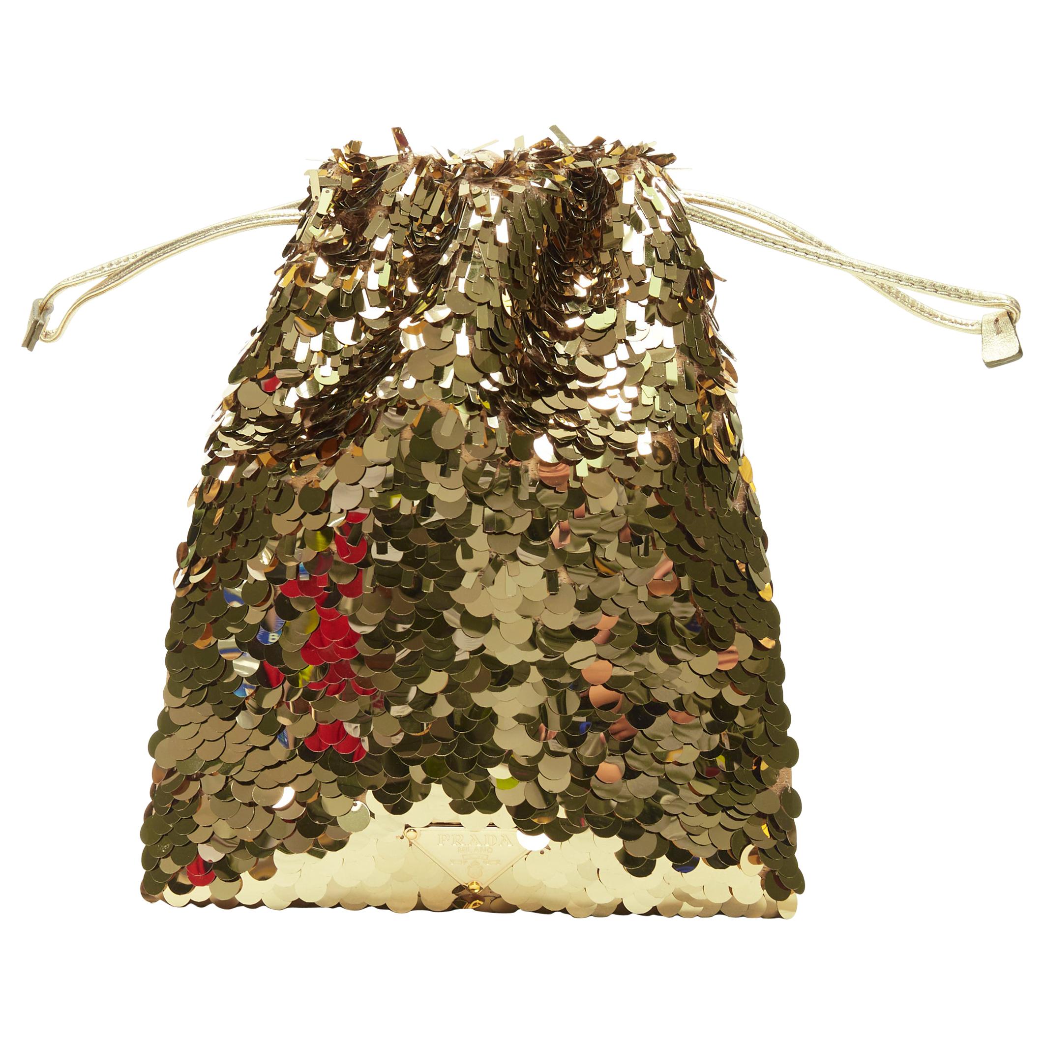 PRADA gold pailette sequins embellished drawstring pouch evening party bag