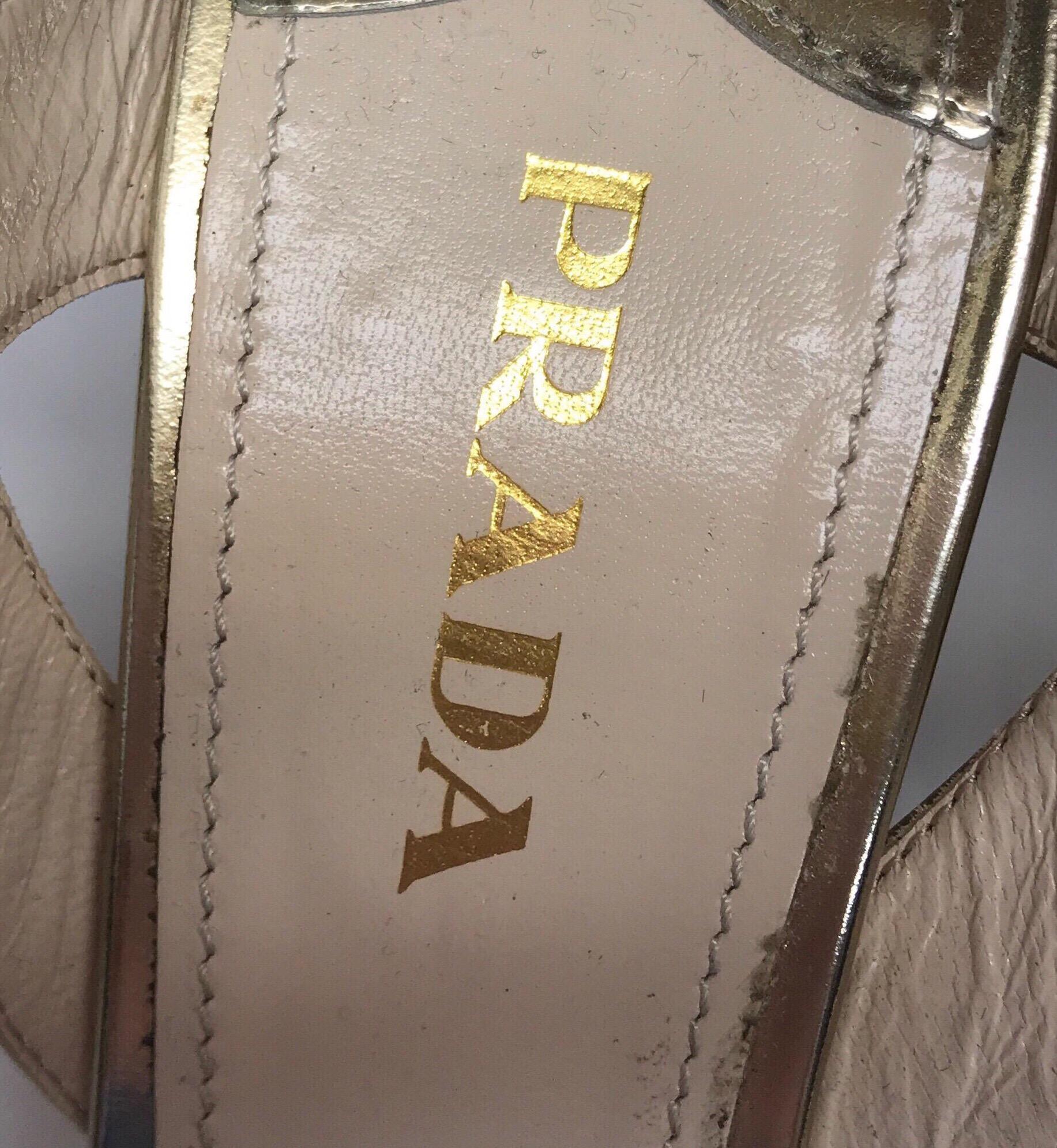 PRADA Gold Patent Leather Ankle Strap Wedge - 38 7