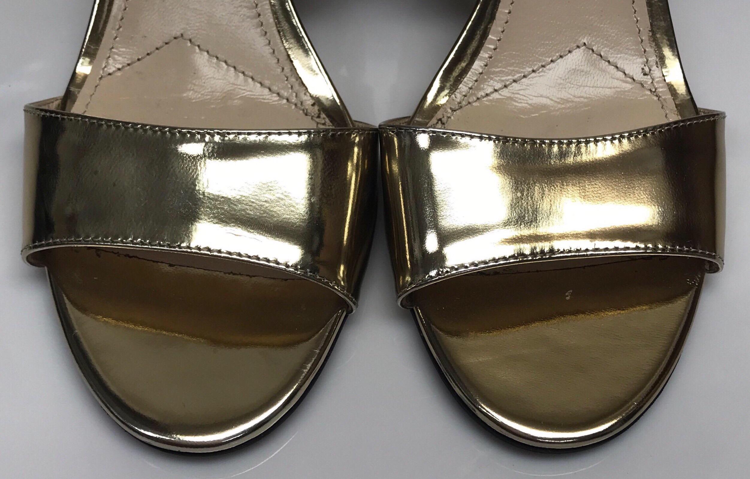 PRADA Gold Patent Leather Ankle Strap Wedge - 38 In Good Condition In West Palm Beach, FL