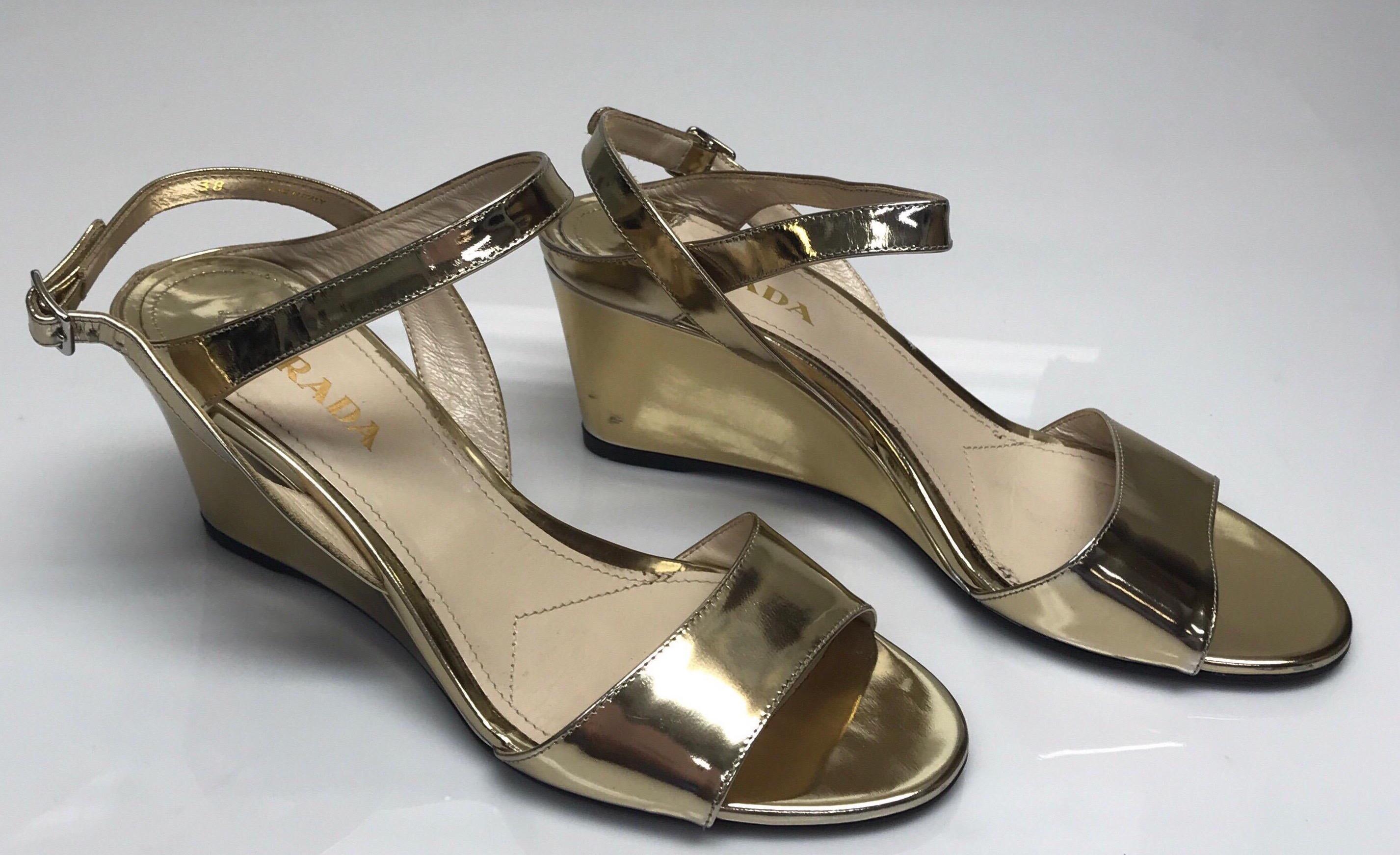 PRADA Gold Patent Leather Ankle Strap Wedge - 38 1
