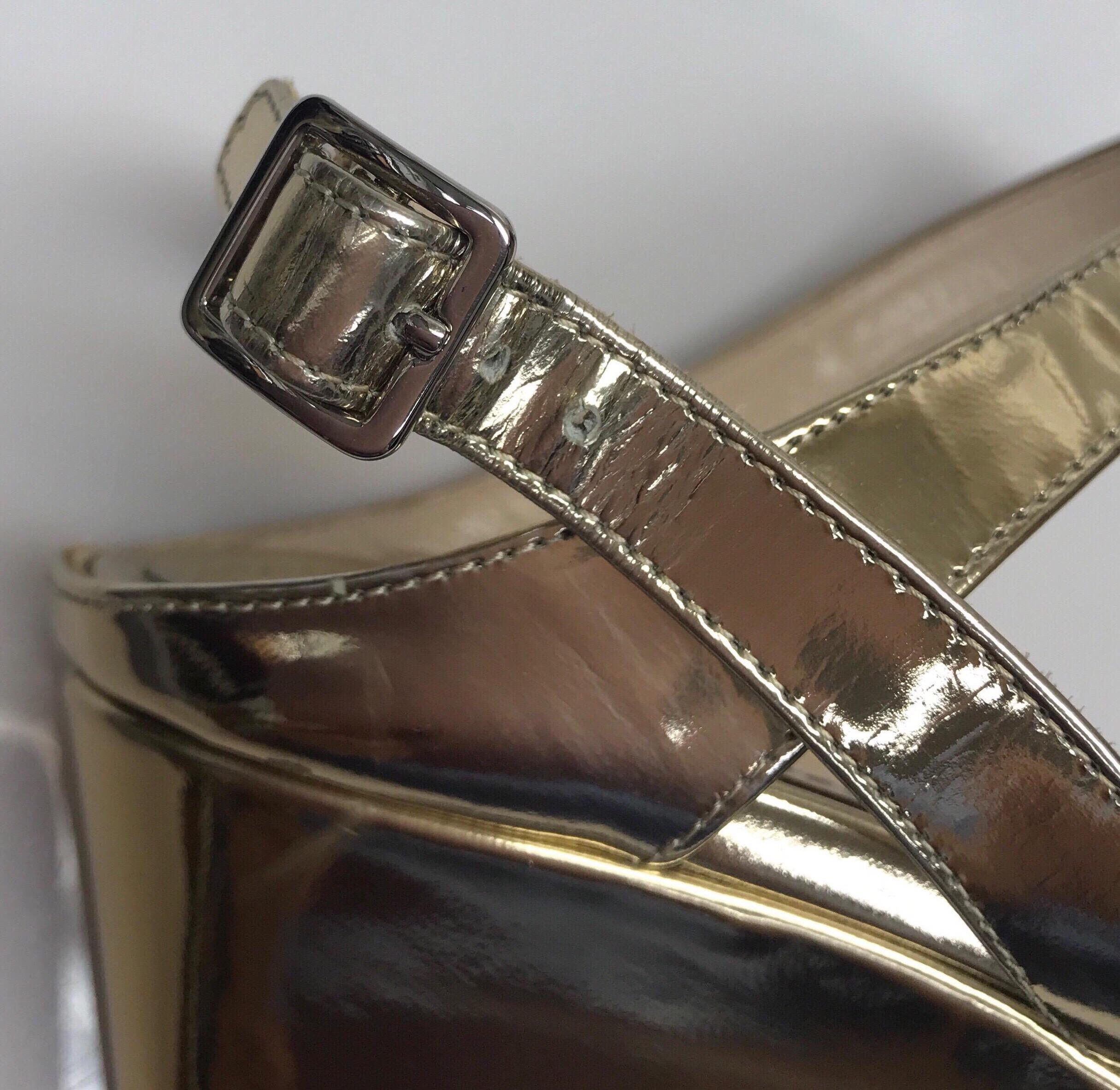 PRADA Gold Patent Leather Ankle Strap Wedge - 38 2