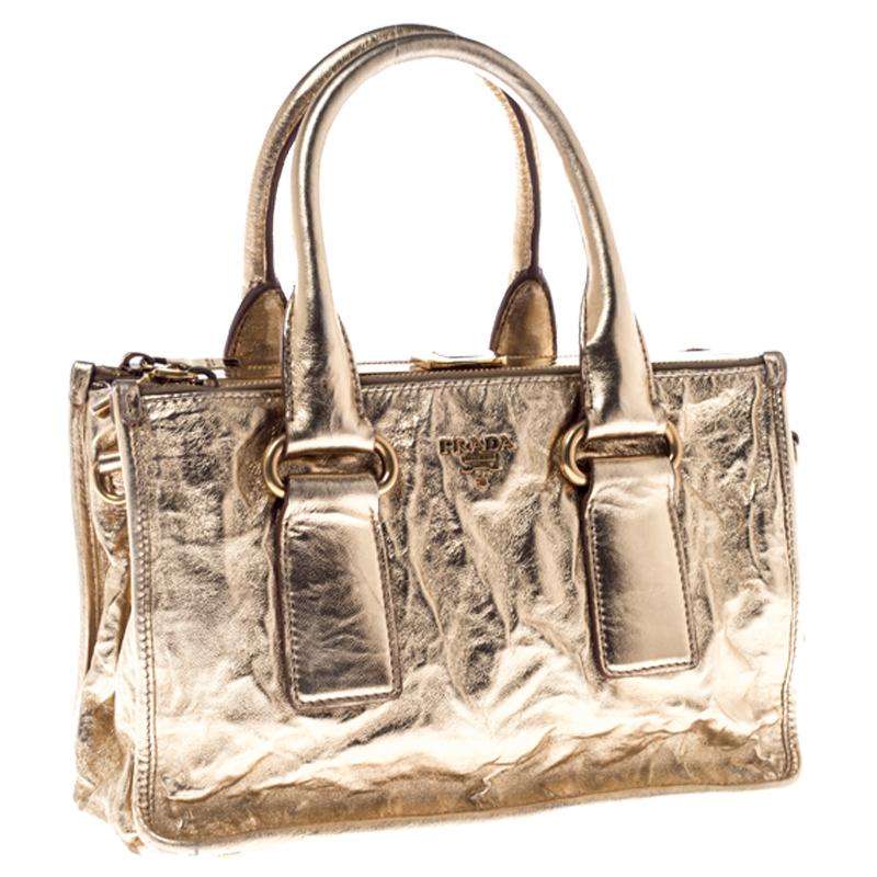 Women's Prada Gold Patent Leather Double Zip Frame Tote