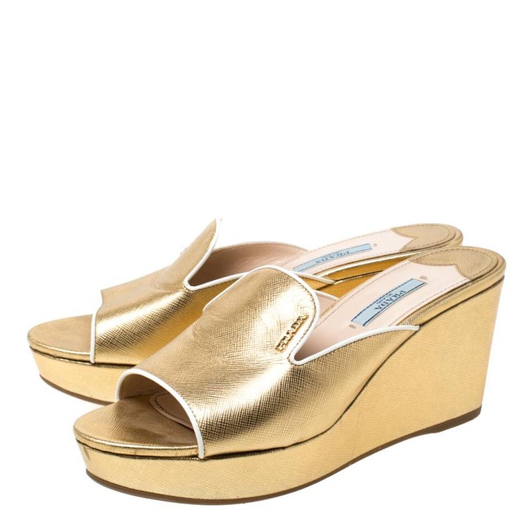 Prada Gold Patent Leather Wedge Slide Sandals Size 38 For Sale at ...