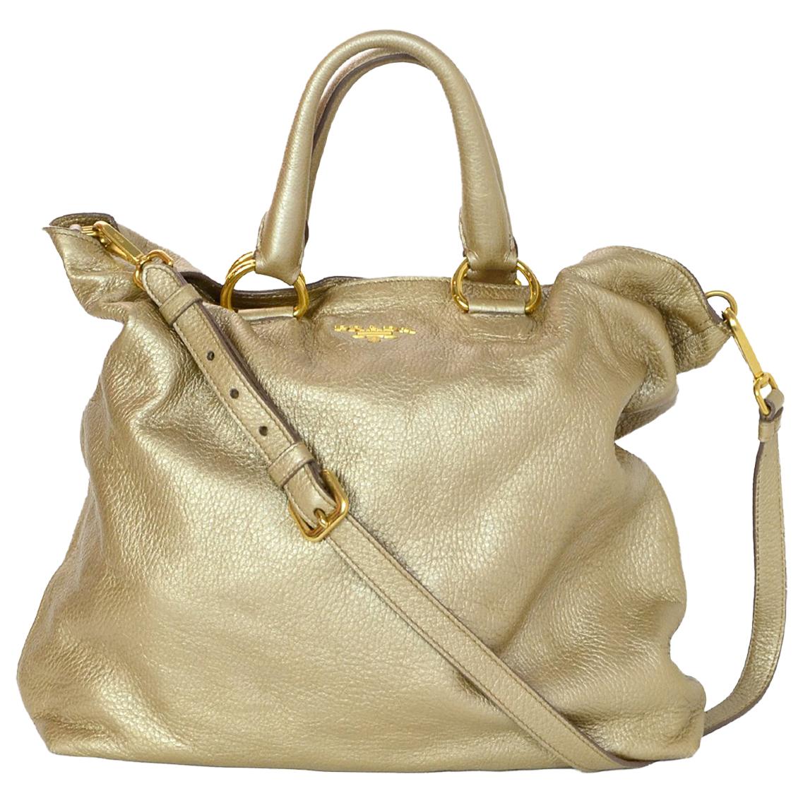 Prada Gold Pebbled Leather Tote Bag W/ Removable Strap