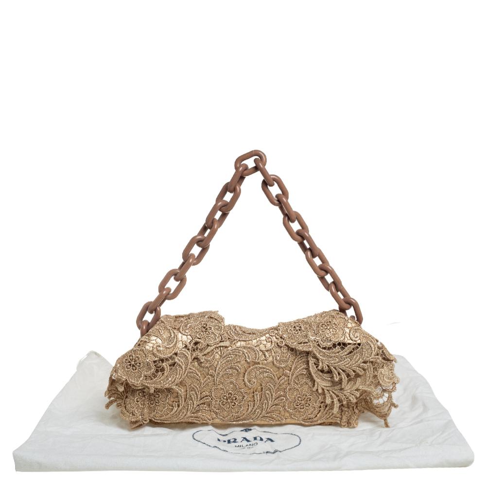 Prada Gold Pizzo Lace Chain Flap Shoulder Bag 4