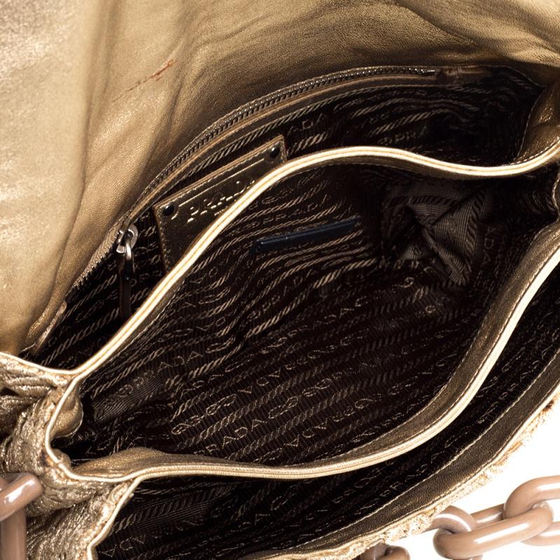 Brown Prada Gold Pizzo Lace Chain Flap Shoulder Bag