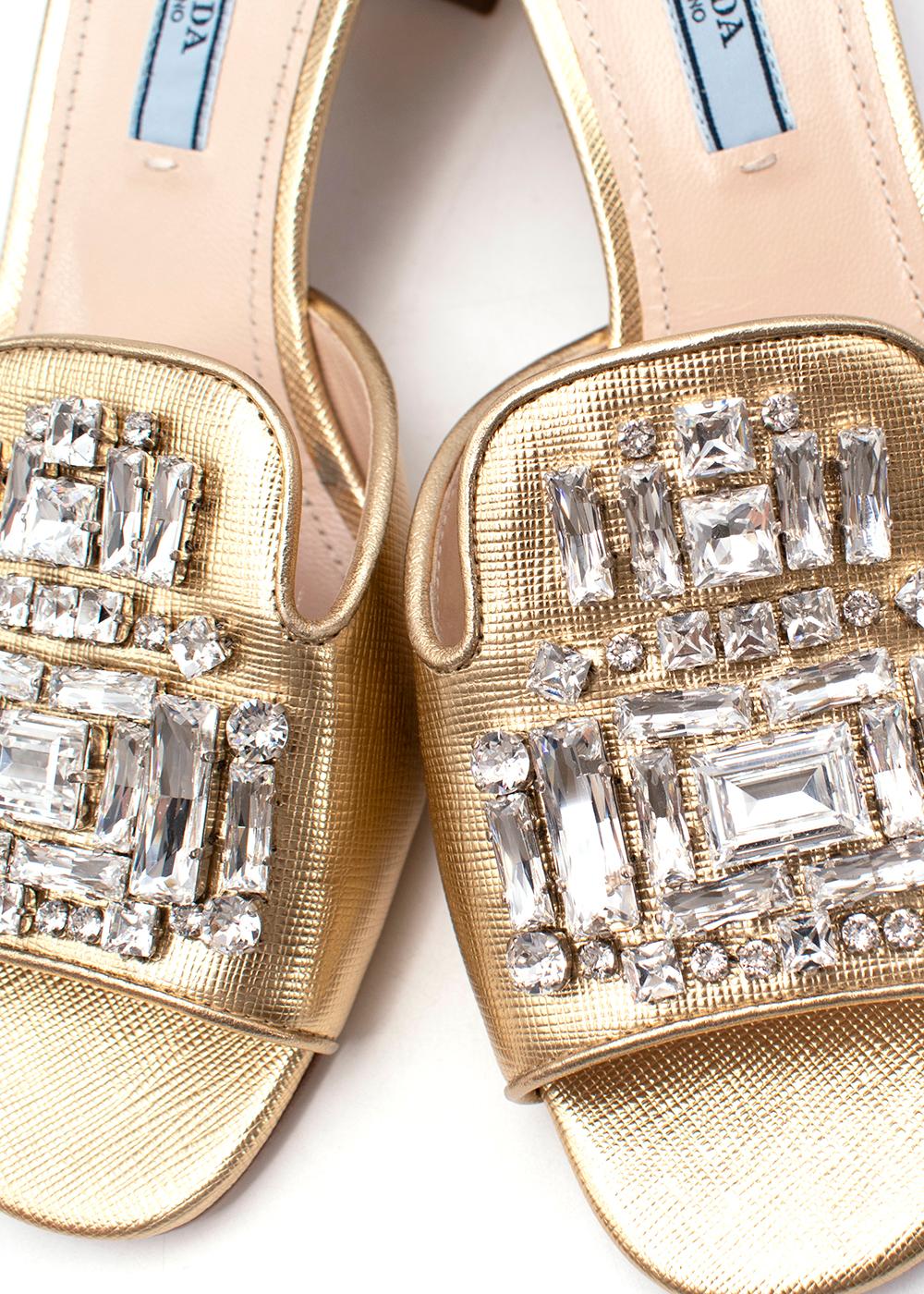 Prada Gold Saffiano Leather Crystal Embellished Heeled Sandals EU 37 In Excellent Condition For Sale In London, GB