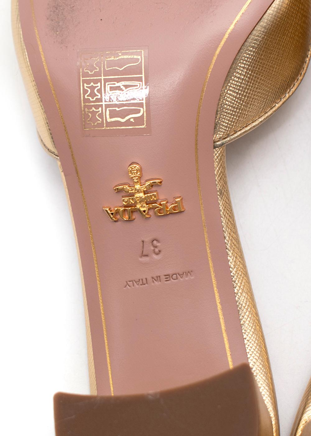 Prada Gold Saffiano Leather Crystal Embellished Heeled Sandals EU 37 For Sale 1