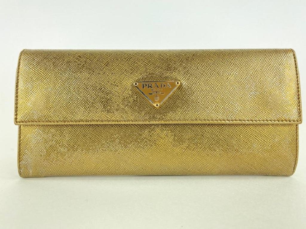 Brown Prada Gold Saffiano Leather Flap Long Wallet 7PR128