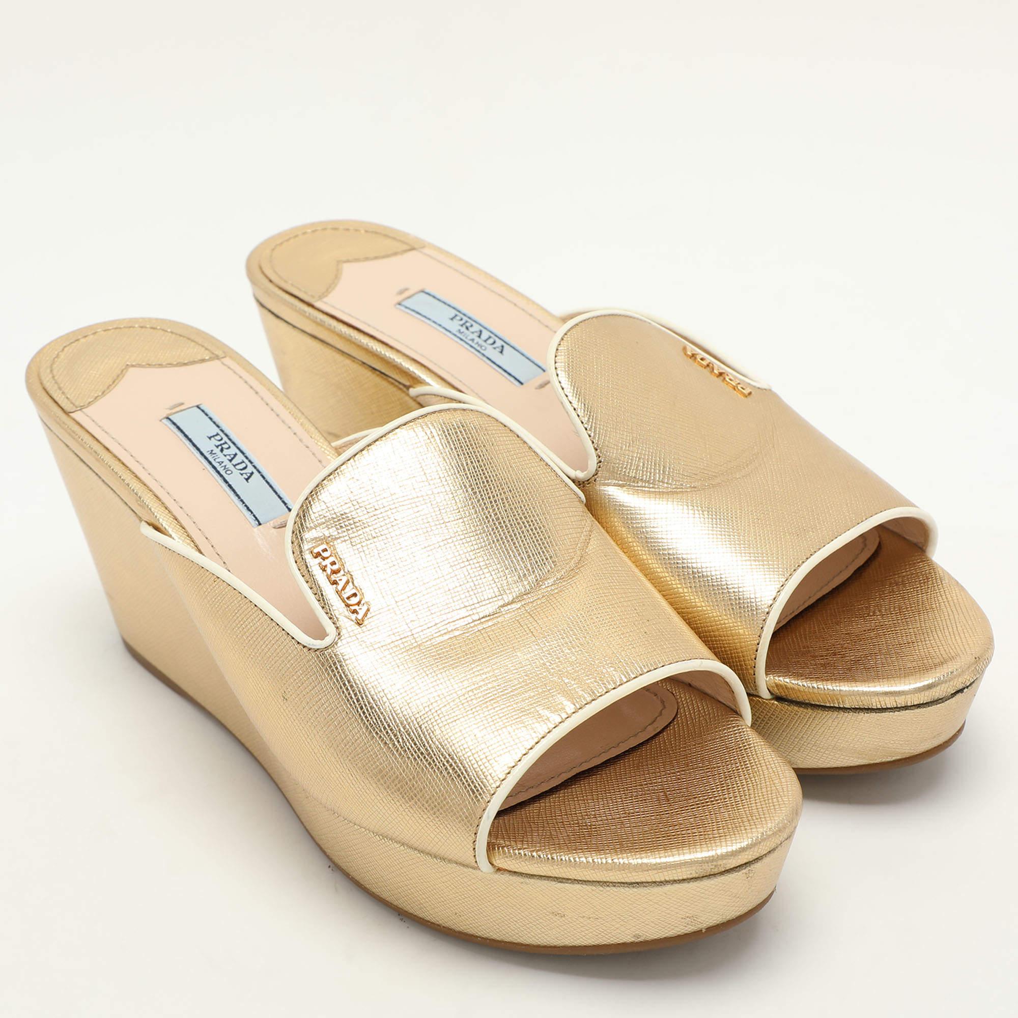 Women's Prada Gold Saffiano Leather Platform Slide Sandals Size 38.5
