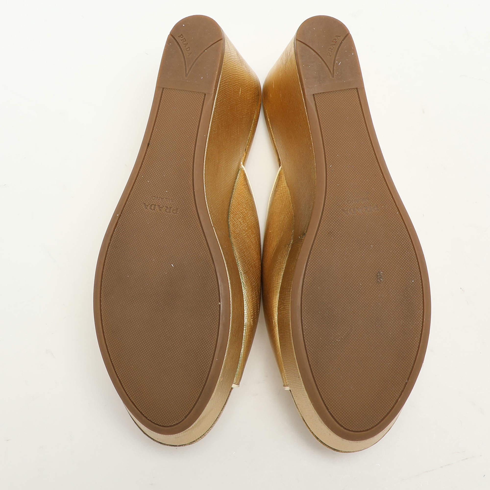 Prada Gold Saffiano Leather Platform Slide Sandals Size 38.5 2