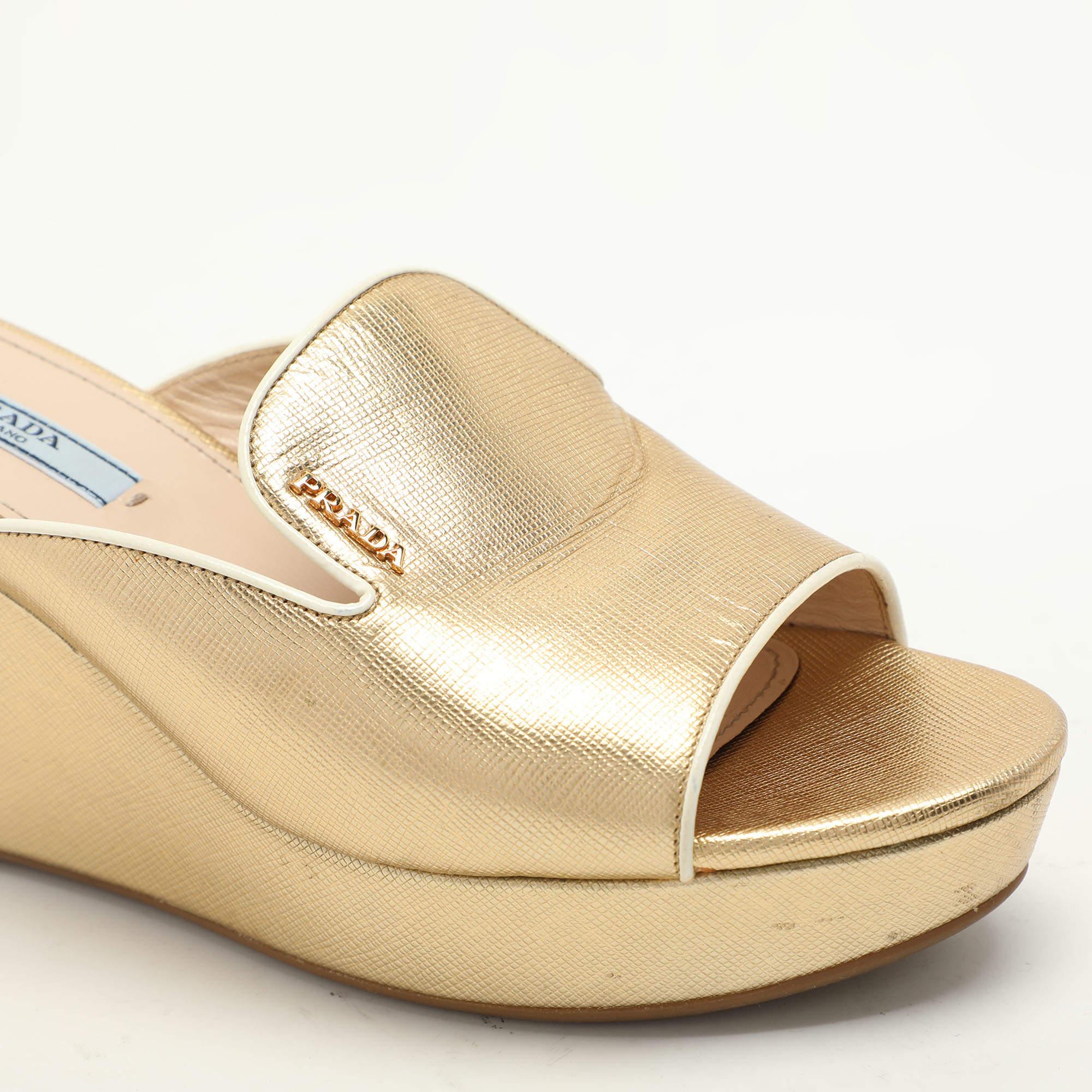 Prada Gold Saffiano Leather Platform Slide Sandals Size 38.5 3