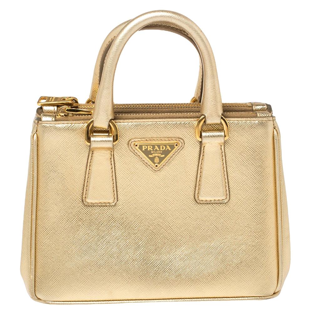 Prada Gold Saffiano Lux Leather Galleria Mini Bag at 1stDibs | gold prada  bag, prada gold mini bag, prada gold bag