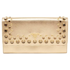 Prada Gold Saffiano Lux Leather Jeweled Studded Flap Continental Wallet